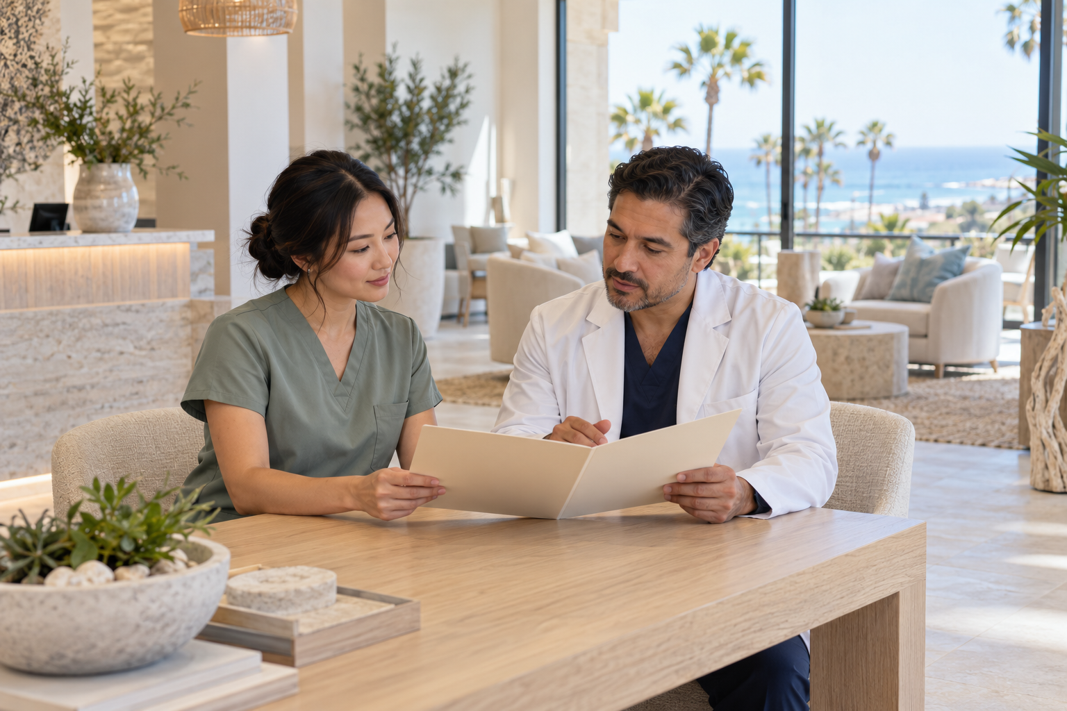 Illustrative nurse and supervising physician in a coastal medical-spa lobby